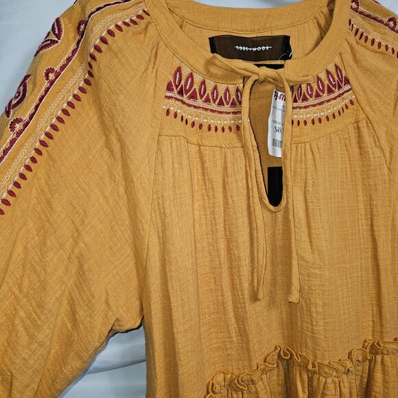 CODE X MODE Embroidered Tiered Dress Mustard Tie Bow Boho Shift CODEXMODE Medium - Picture 6 of 11